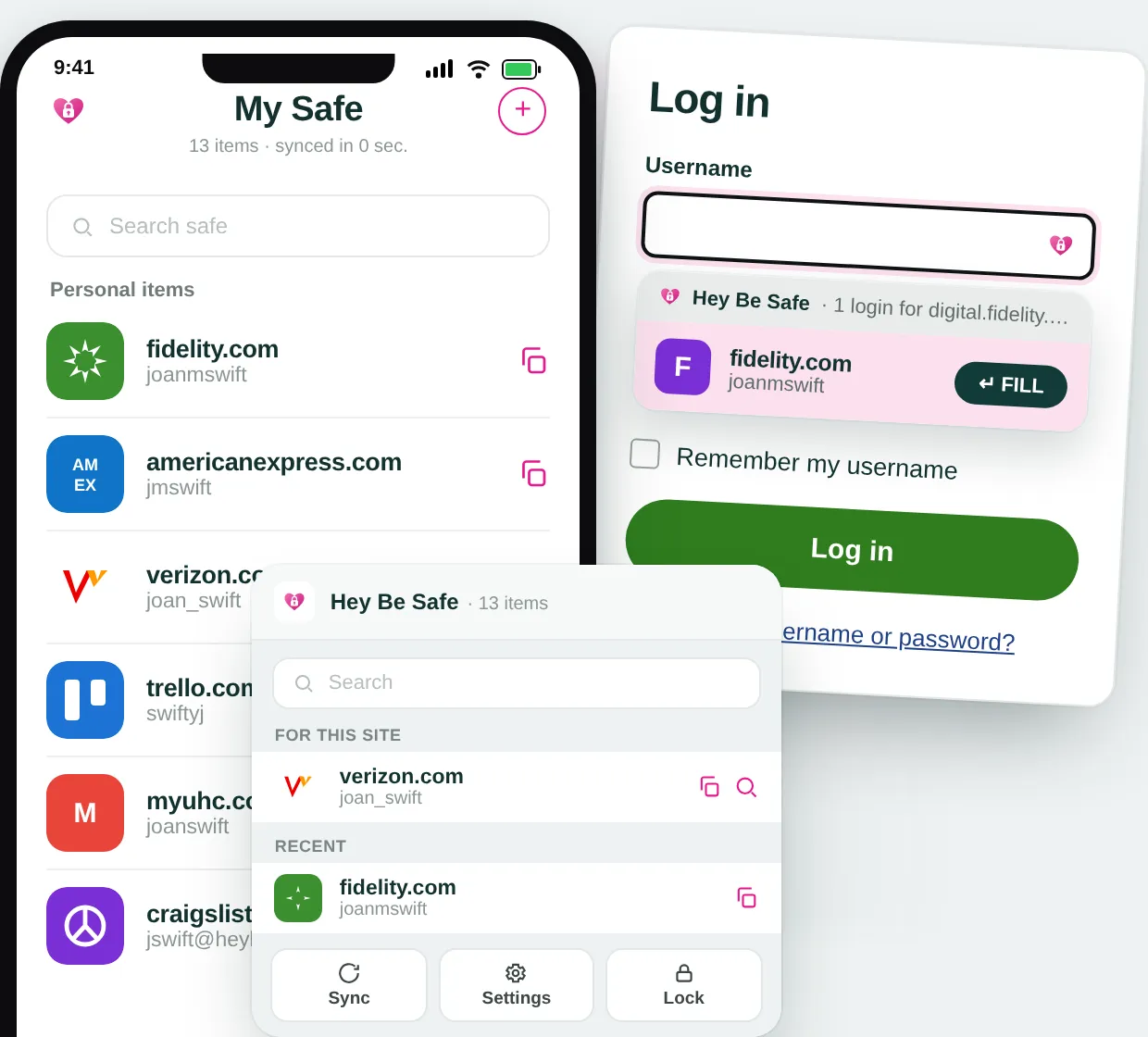 The Hey Be Safe iPhone app showing a personal safe of saved logins, with the browser extension filling a saved login on a sign-in page