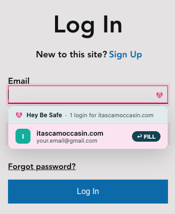 Screenshot: Hey Be Safe autofill suggestion on a login page