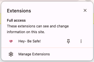Hey Be Safe unpinned in Chrome's extensions menu