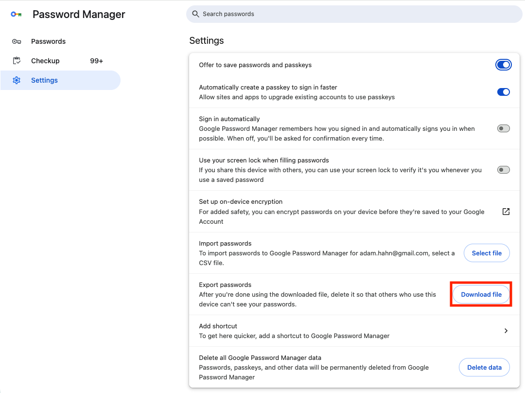 Chrome export settings panel