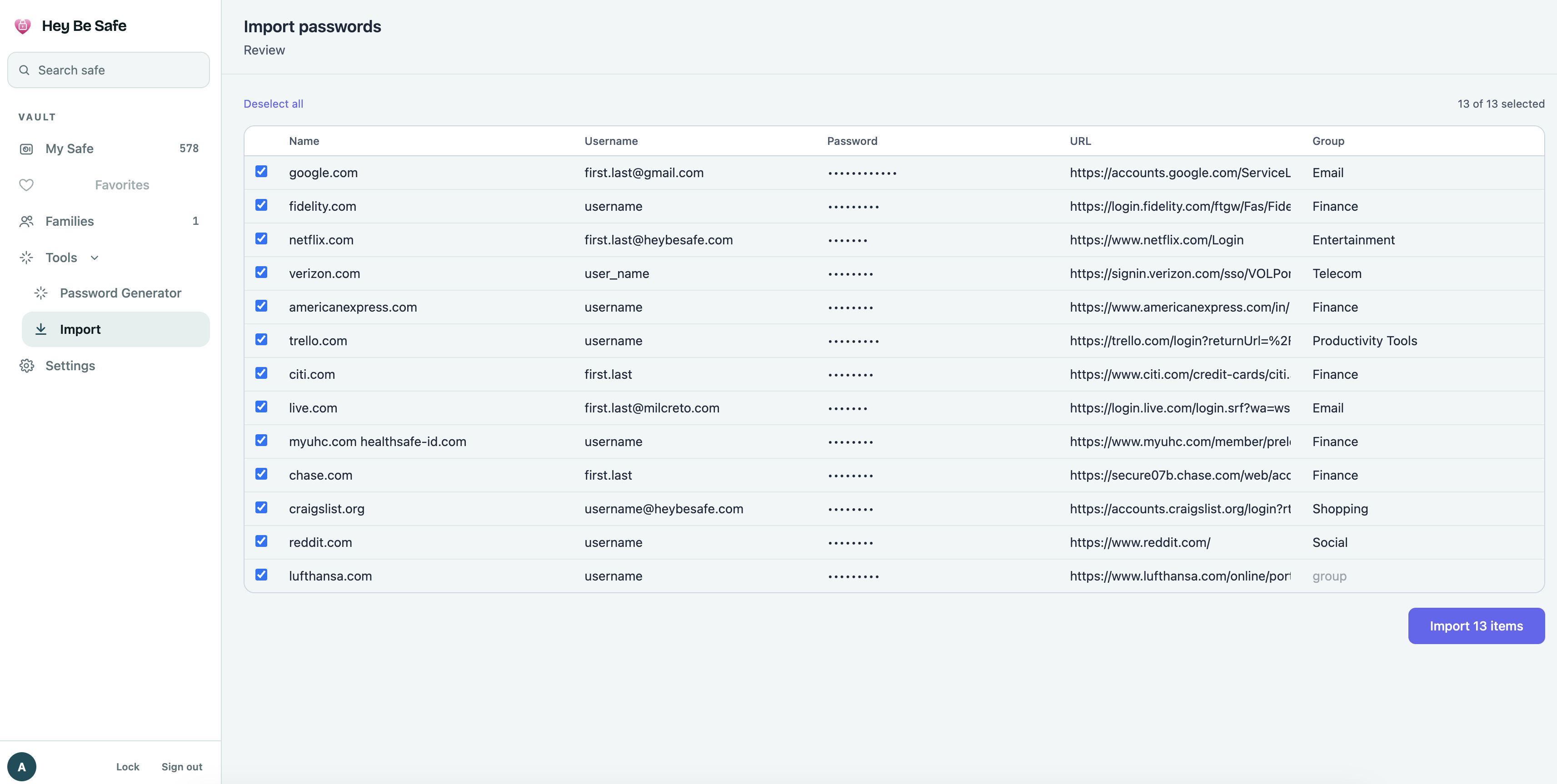 Import passwords review screen